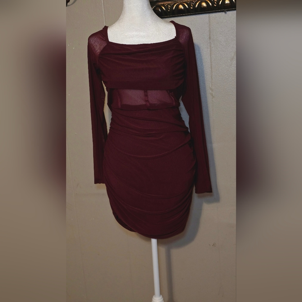 SHEIN Burgundy Long Sleeve Ruched Mesh Bodycon Dress